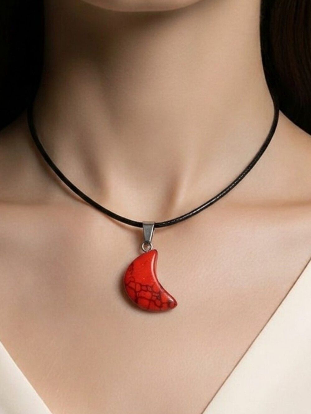 Red Turquoise Natural Howlite Stone Crescent Moon Necklace Adjustable Wax Cord